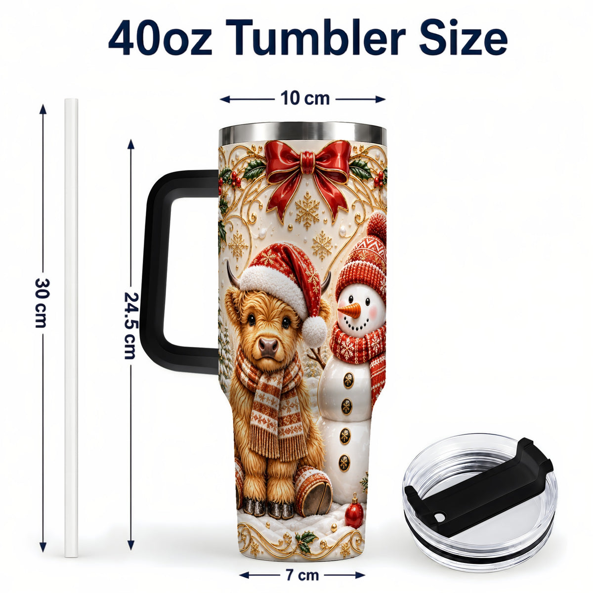 #pl[40oz|Black] Holiday Cow 40oz Tumbler with Handle, Snowman Stainless Steel Travel Cup