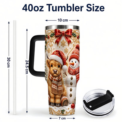 #pl[40oz|Black] Holiday Cow 40oz Tumbler with Handle, Snowman Stainless Steel Travel Cup