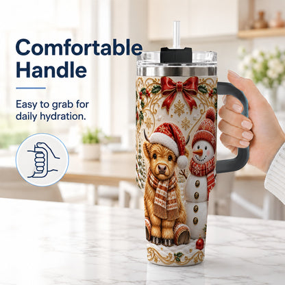 #pl[40oz|Black] Holiday Cow 40oz Tumbler with Handle, Snowman Stainless Steel Travel Cup