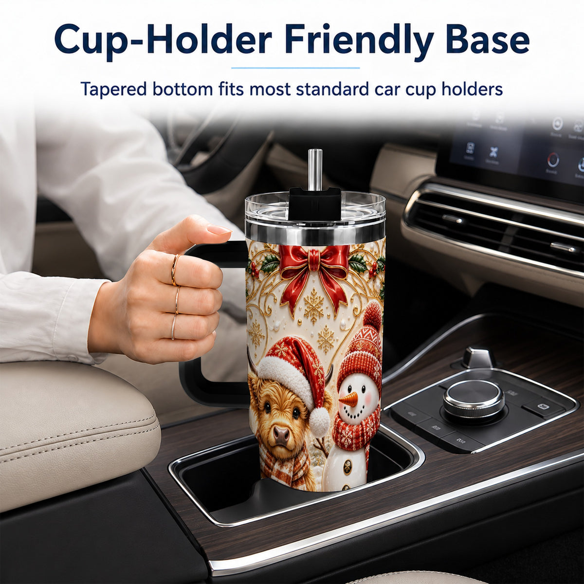 #pl[40oz|Black] Holiday Cow 40oz Tumbler with Handle, Snowman Stainless Steel Travel Cup
