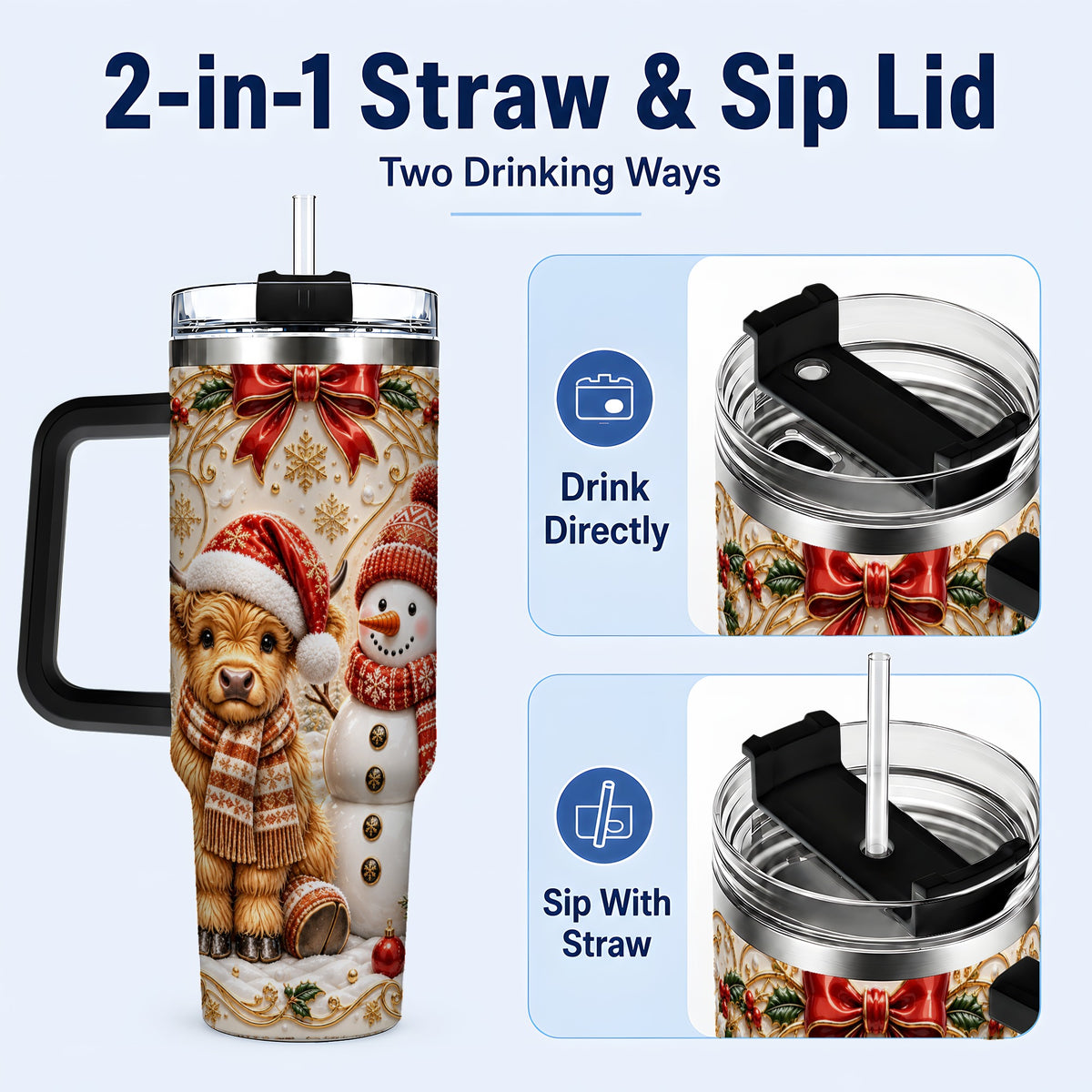 #pl[40oz|Black] Holiday Cow 40oz Tumbler with Handle, Snowman Stainless Steel Travel Cup