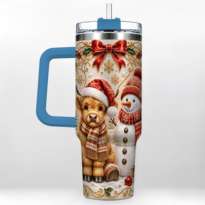 #pl[40oz|Blue] Holiday Cow 40oz Tumbler with Handle, Snowman Stainless Steel Travel Cup
