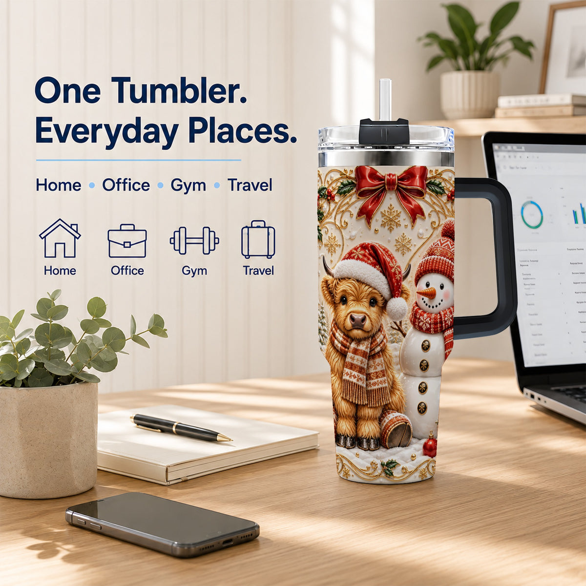 #pl[40oz|Black] Holiday Cow 40oz Tumbler with Handle, Snowman Stainless Steel Travel Cup