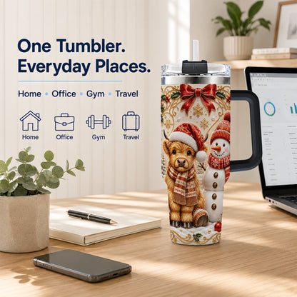 #pl[40oz|Black] Holiday Cow 40oz Tumbler with Handle, Snowman Stainless Steel Travel Cup