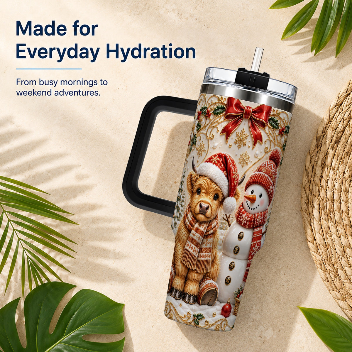#pl[40oz|Black] Holiday Cow 40oz Tumbler with Handle, Snowman Stainless Steel Travel Cup
