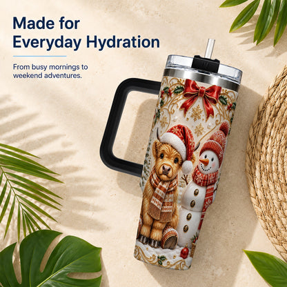 #pl[40oz|Black] Holiday Cow 40oz Tumbler with Handle, Snowman Stainless Steel Travel Cup