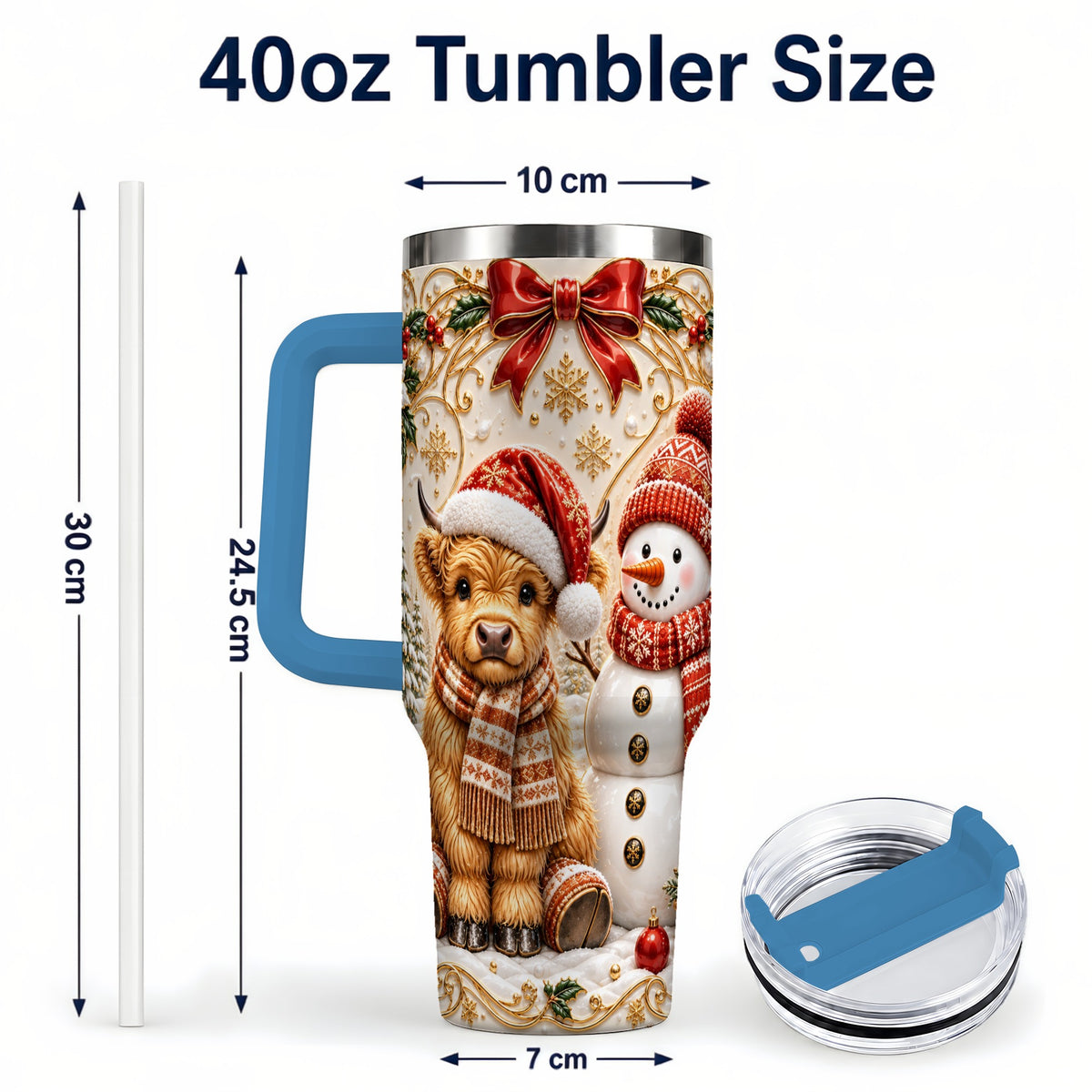 #pl[40oz|Blue] Holiday Cow 40oz Tumbler with Handle, Snowman Stainless Steel Travel Cup
