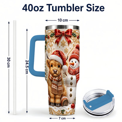 #pl[40oz|Blue] Holiday Cow 40oz Tumbler with Handle, Snowman Stainless Steel Travel Cup