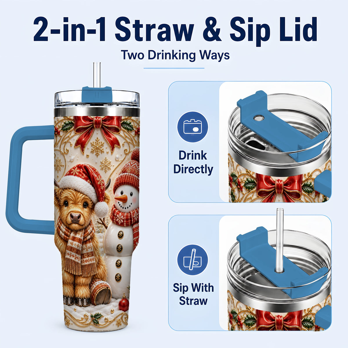 #pl[40oz|Blue] Holiday Cow 40oz Tumbler with Handle, Snowman Stainless Steel Travel Cup
