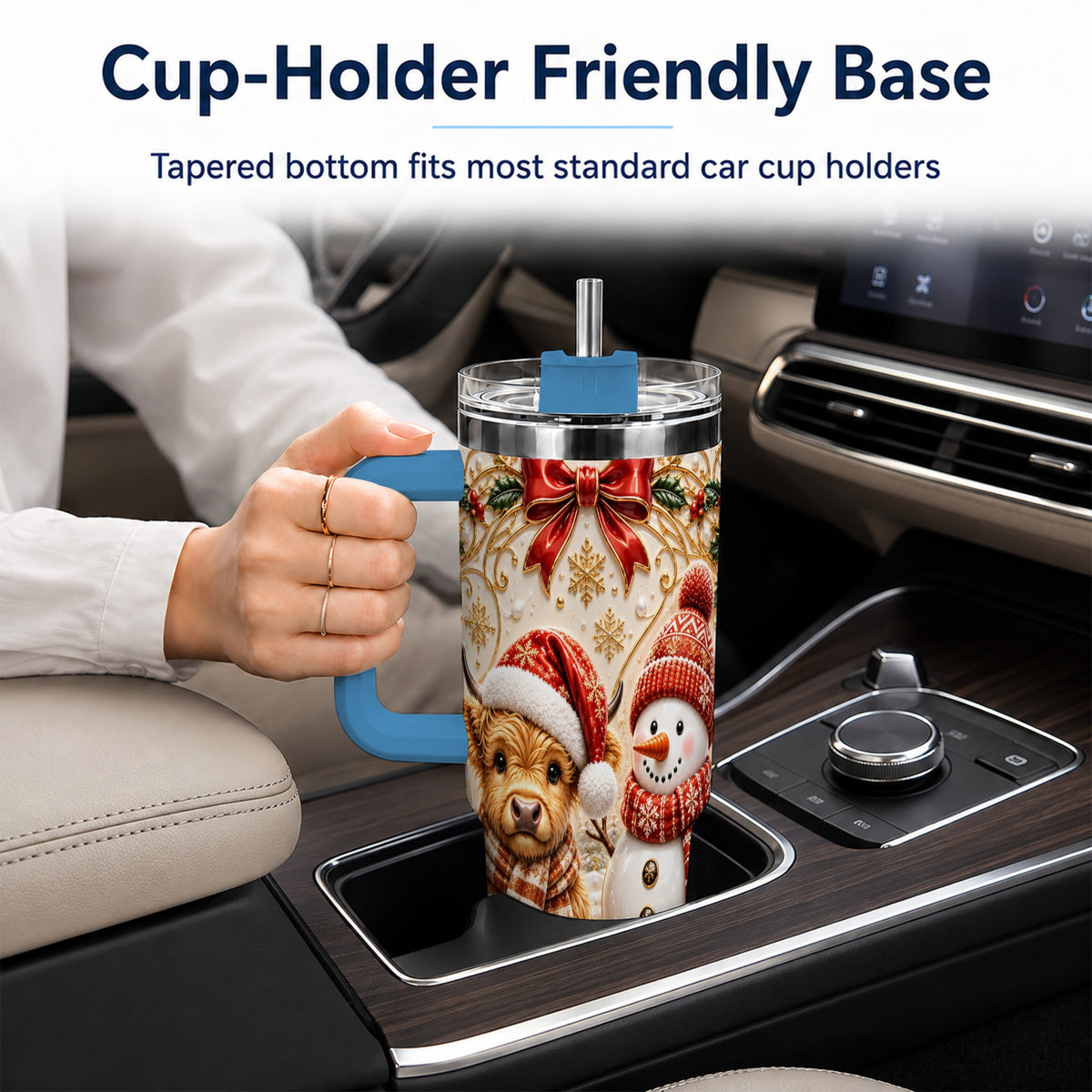 #pl[40oz|Blue] Holiday Cow 40oz Tumbler with Handle, Snowman Stainless Steel Travel Cup