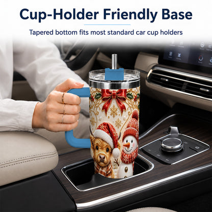 #pl[40oz|Blue] Holiday Cow 40oz Tumbler with Handle, Snowman Stainless Steel Travel Cup