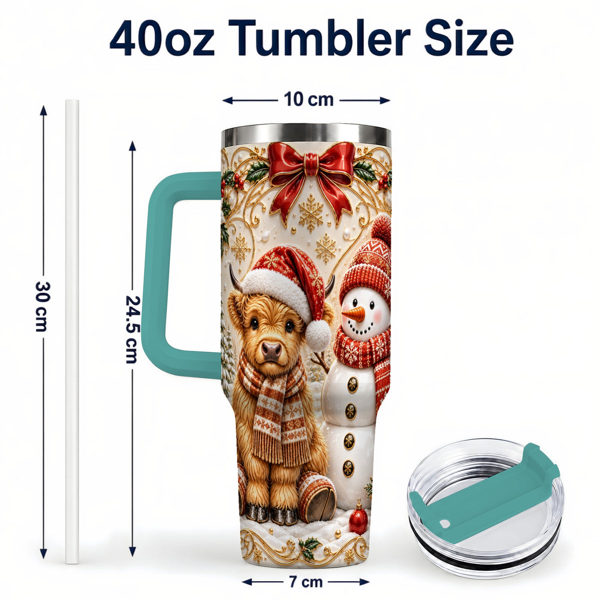 #pl[40oz|Green] Holiday Cow 40oz Tumbler with Handle, Snowman Stainless Steel Travel Cup