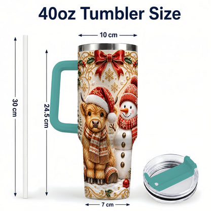 #pl[40oz|Green] Holiday Cow 40oz Tumbler with Handle, Snowman Stainless Steel Travel Cup