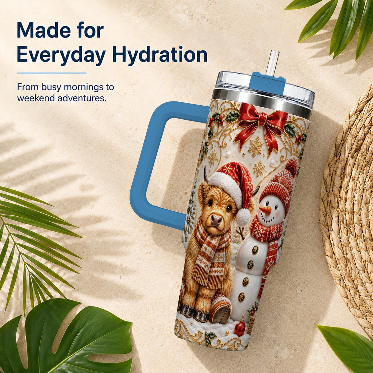 #pl[40oz|Blue] Holiday Cow 40oz Tumbler with Handle, Snowman Stainless Steel Travel Cup