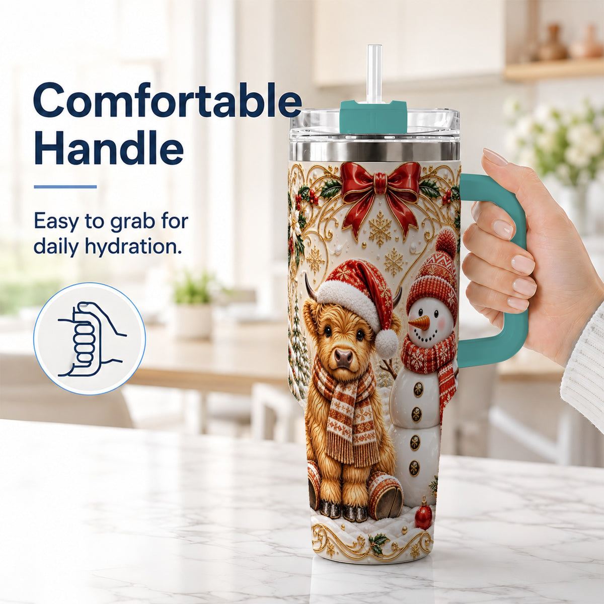 #pl[40oz|Green] Holiday Cow 40oz Tumbler with Handle, Snowman Stainless Steel Travel Cup
