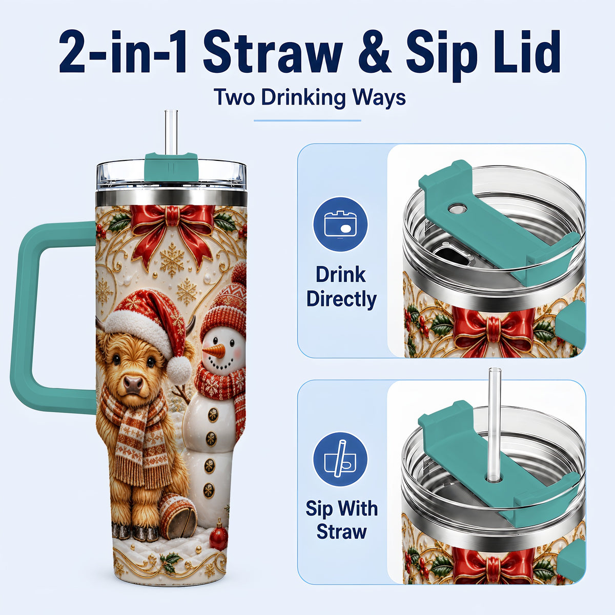 #pl[40oz|Green] Holiday Cow 40oz Tumbler with Handle, Snowman Stainless Steel Travel Cup