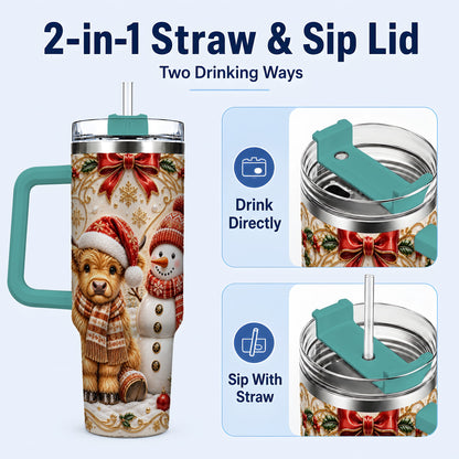 #pl[40oz|Green] Holiday Cow 40oz Tumbler with Handle, Snowman Stainless Steel Travel Cup