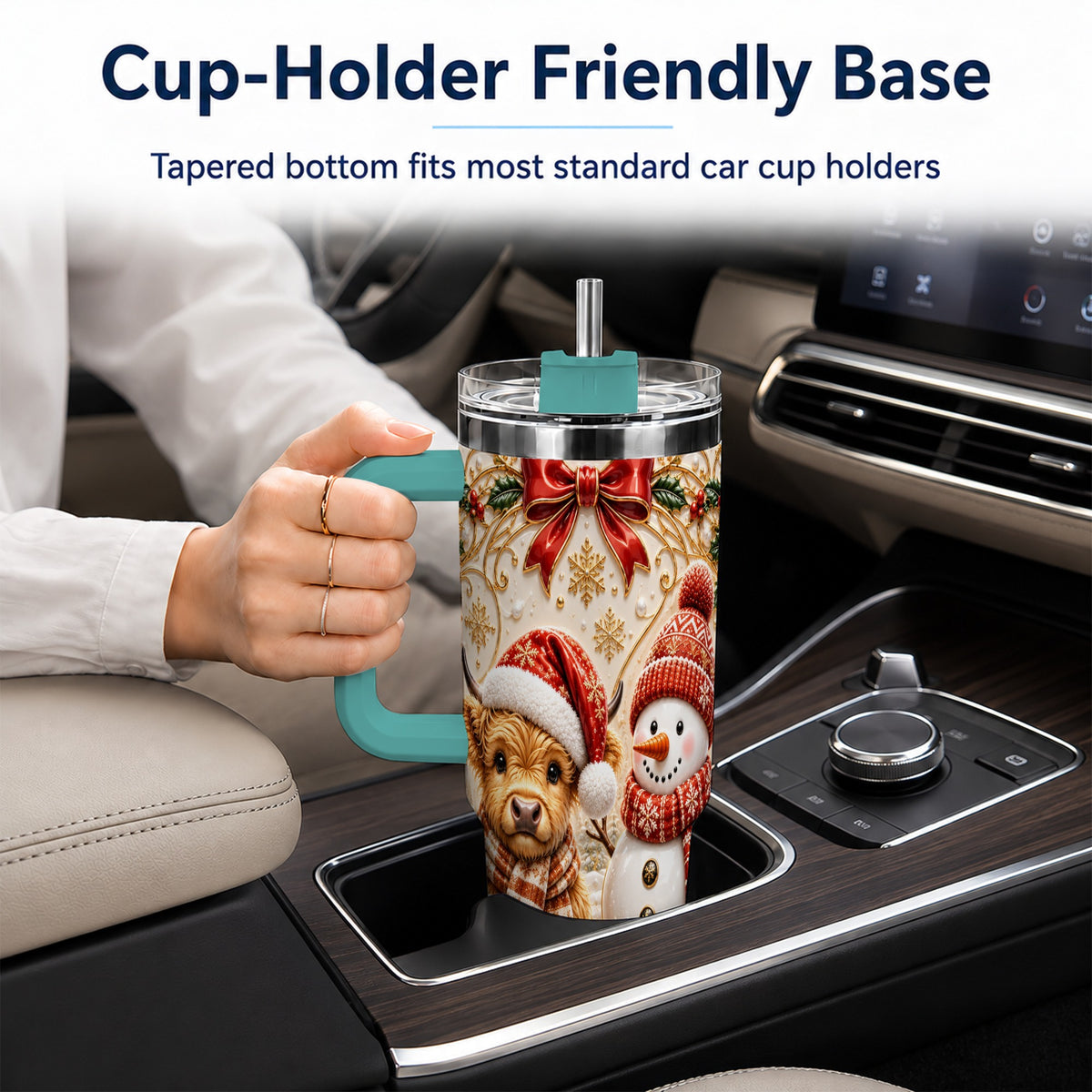 #pl[40oz|Green] Holiday Cow 40oz Tumbler with Handle, Snowman Stainless Steel Travel Cup