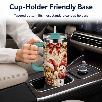 #pl[40oz|Green] Holiday Cow 40oz Tumbler with Handle, Snowman Stainless Steel Travel Cup