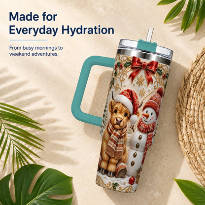 #pl[40oz|Green] Holiday Cow 40oz Tumbler with Handle, Snowman Stainless Steel Travel Cup