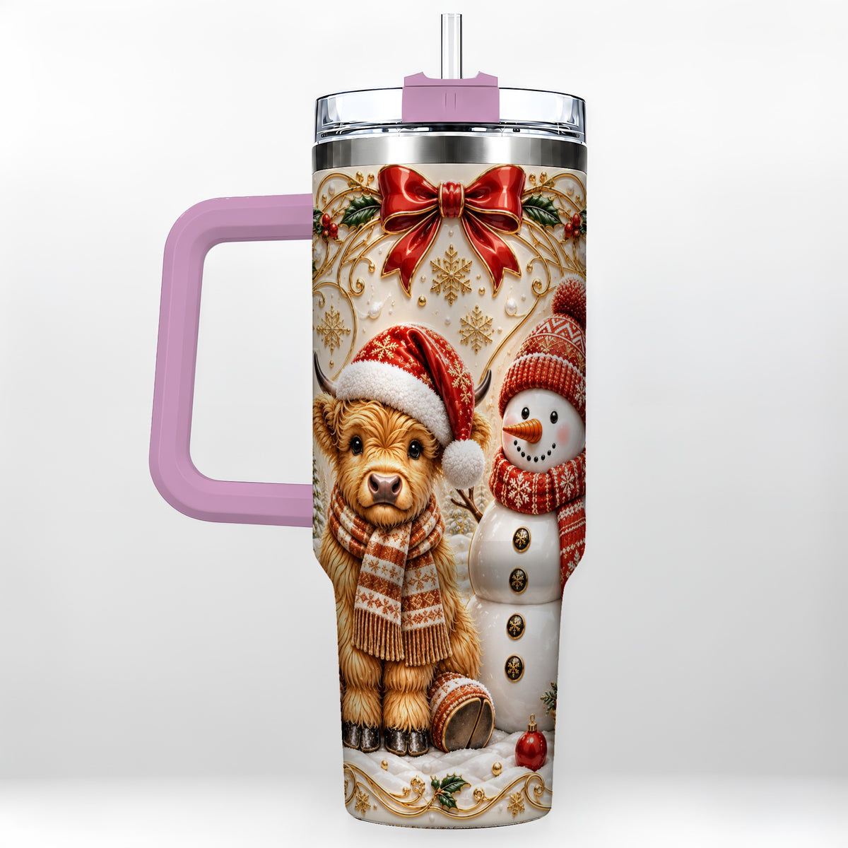 #pl[40oz|Pink] Holiday Cow 40oz Tumbler with Handle, Snowman Stainless Steel Travel Cup