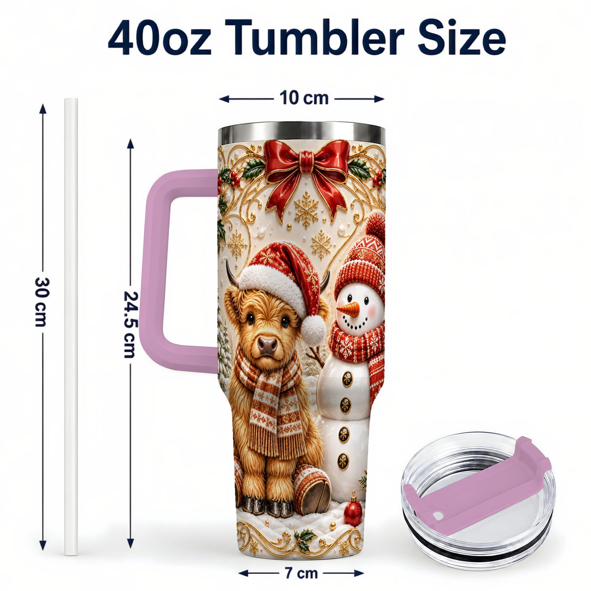 #pl[40oz|Pink] Holiday Cow 40oz Tumbler with Handle, Snowman Stainless Steel Travel Cup
