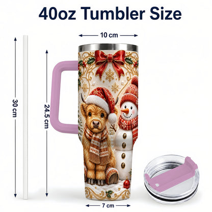 #pl[40oz|Pink] Holiday Cow 40oz Tumbler with Handle, Snowman Stainless Steel Travel Cup