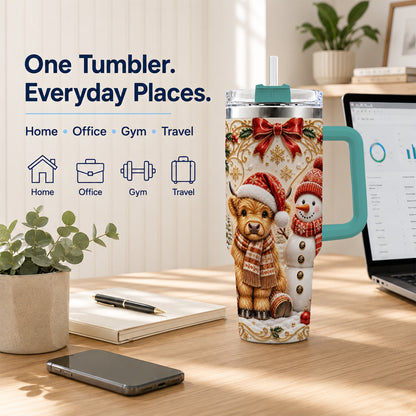 #pl[40oz|Green] Holiday Cow 40oz Tumbler with Handle, Snowman Stainless Steel Travel Cup