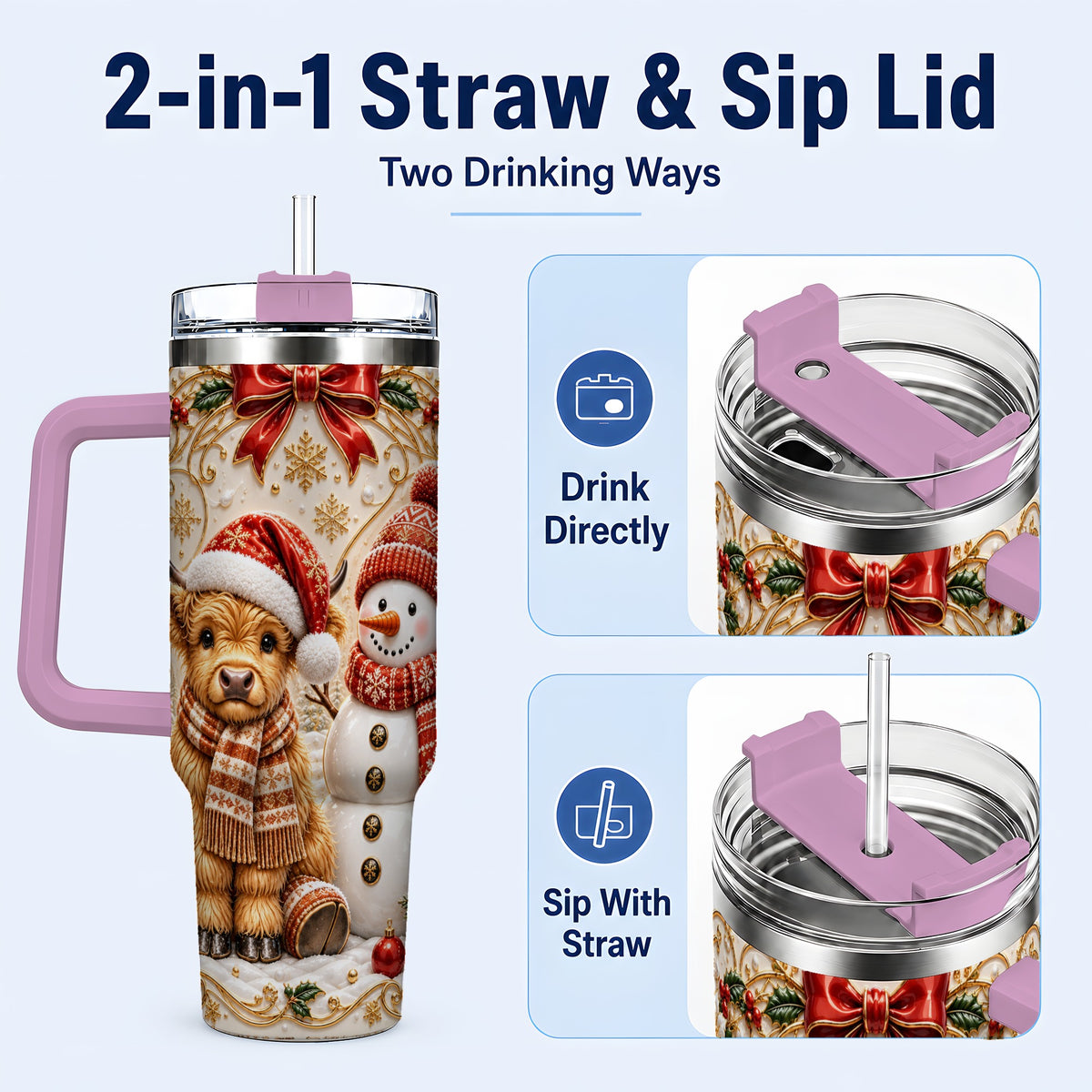 #pl[40oz|Pink] Holiday Cow 40oz Tumbler with Handle, Snowman Stainless Steel Travel Cup