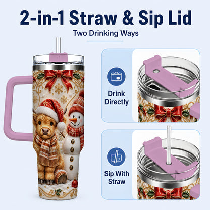 #pl[40oz|Pink] Holiday Cow 40oz Tumbler with Handle, Snowman Stainless Steel Travel Cup
