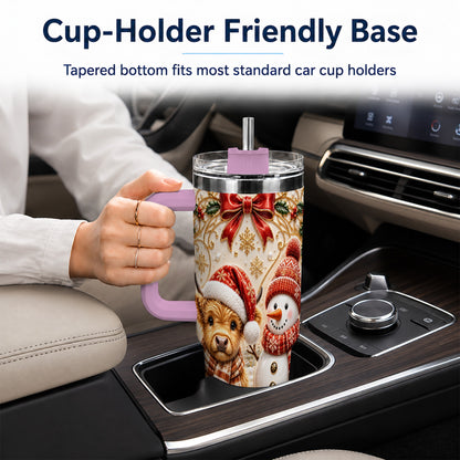 #pl[40oz|Pink] Holiday Cow 40oz Tumbler with Handle, Snowman Stainless Steel Travel Cup