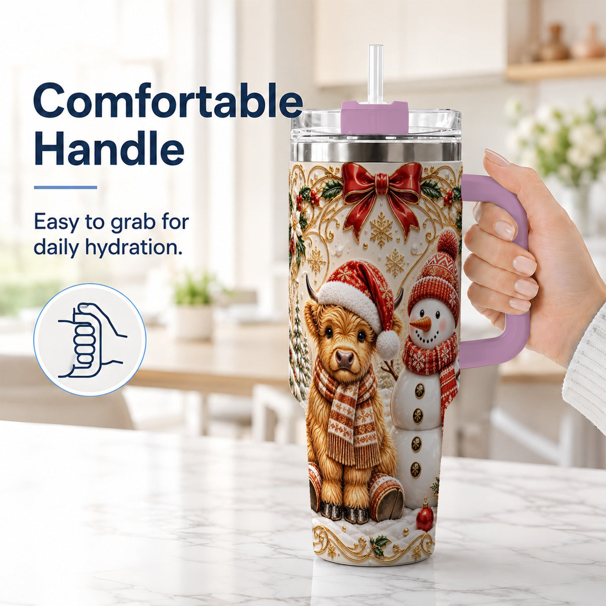 #pl[40oz|Pink] Holiday Cow 40oz Tumbler with Handle, Snowman Stainless Steel Travel Cup