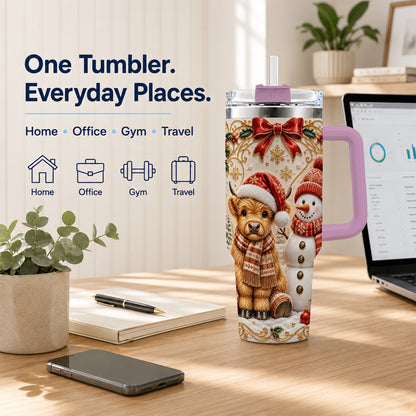 #pl[40oz|Pink] Holiday Cow 40oz Tumbler with Handle, Snowman Stainless Steel Travel Cup