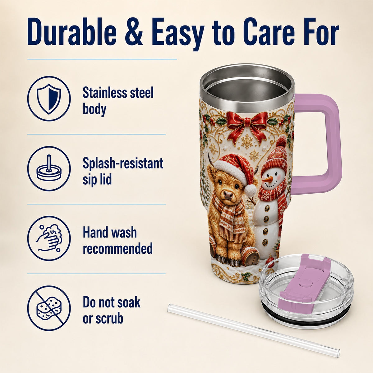 #pl[40oz|Pink] Holiday Cow 40oz Tumbler with Handle, Snowman Stainless Steel Travel Cup