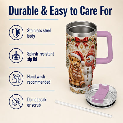 #pl[40oz|Pink] Holiday Cow 40oz Tumbler with Handle, Snowman Stainless Steel Travel Cup