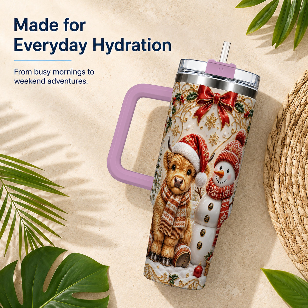 #pl[40oz|Pink] Holiday Cow 40oz Tumbler with Handle, Snowman Stainless Steel Travel Cup