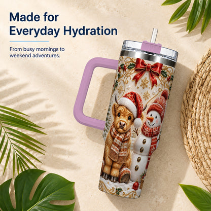 #pl[40oz|Pink] Holiday Cow 40oz Tumbler with Handle, Snowman Stainless Steel Travel Cup