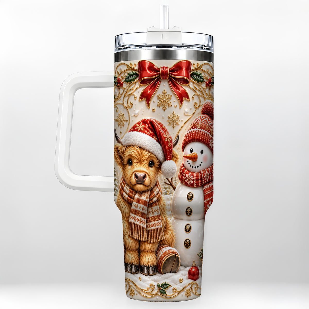 Holiday Cow 40oz Tumbler with Handle, Snowman Stainless Steel Travel Cup