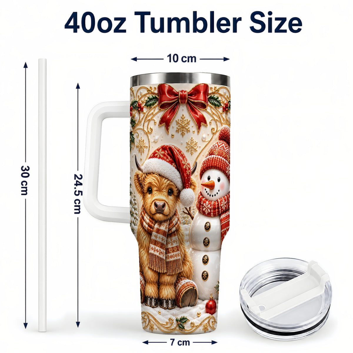 #pl[40oz|White] Holiday Cow 40oz Tumbler with Handle, Snowman Stainless Steel Travel Cup
