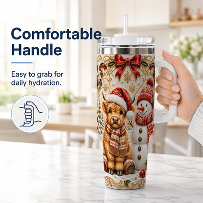 #pl[40oz|White] Holiday Cow 40oz Tumbler with Handle, Snowman Stainless Steel Travel Cup