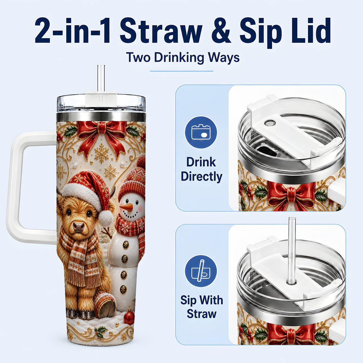 #pl[40oz|White] Holiday Cow 40oz Tumbler with Handle, Snowman Stainless Steel Travel Cup
