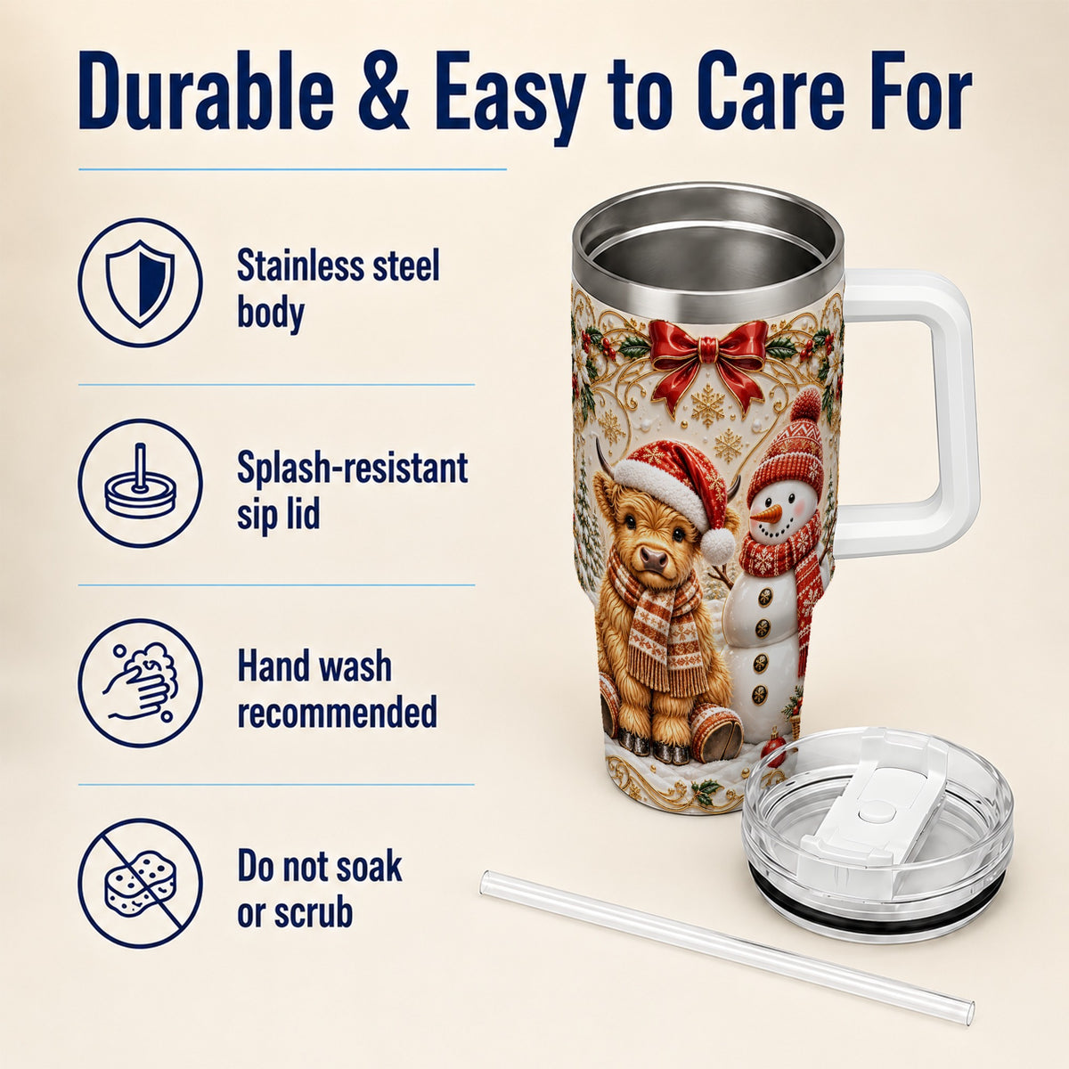 #pl[40oz|White] Holiday Cow 40oz Tumbler with Handle, Snowman Stainless Steel Travel Cup