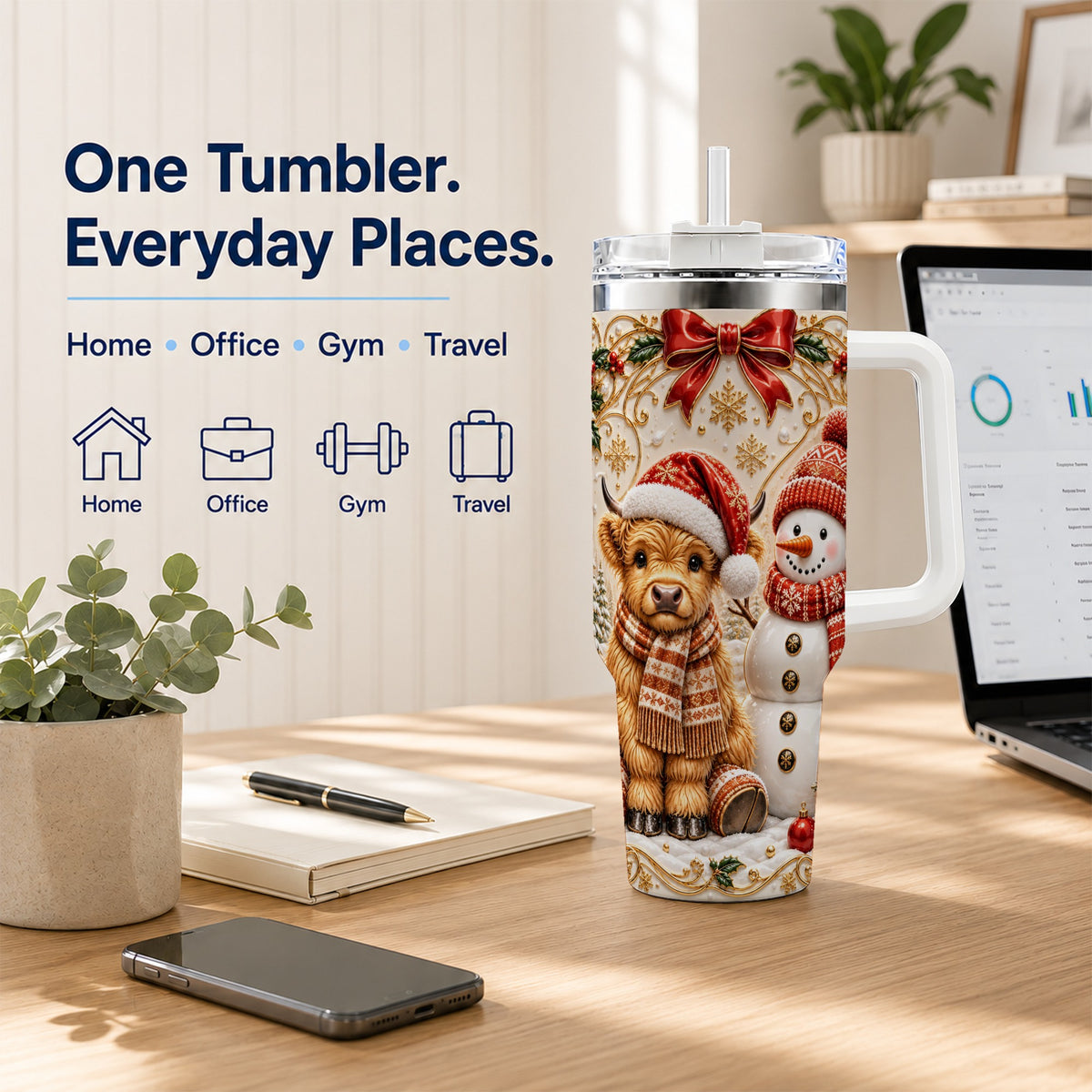 #pl[40oz|White] Holiday Cow 40oz Tumbler with Handle, Snowman Stainless Steel Travel Cup