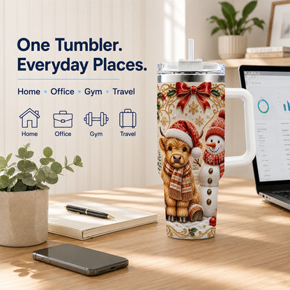 #pl[40oz|White] Holiday Cow 40oz Tumbler with Handle, Snowman Stainless Steel Travel Cup