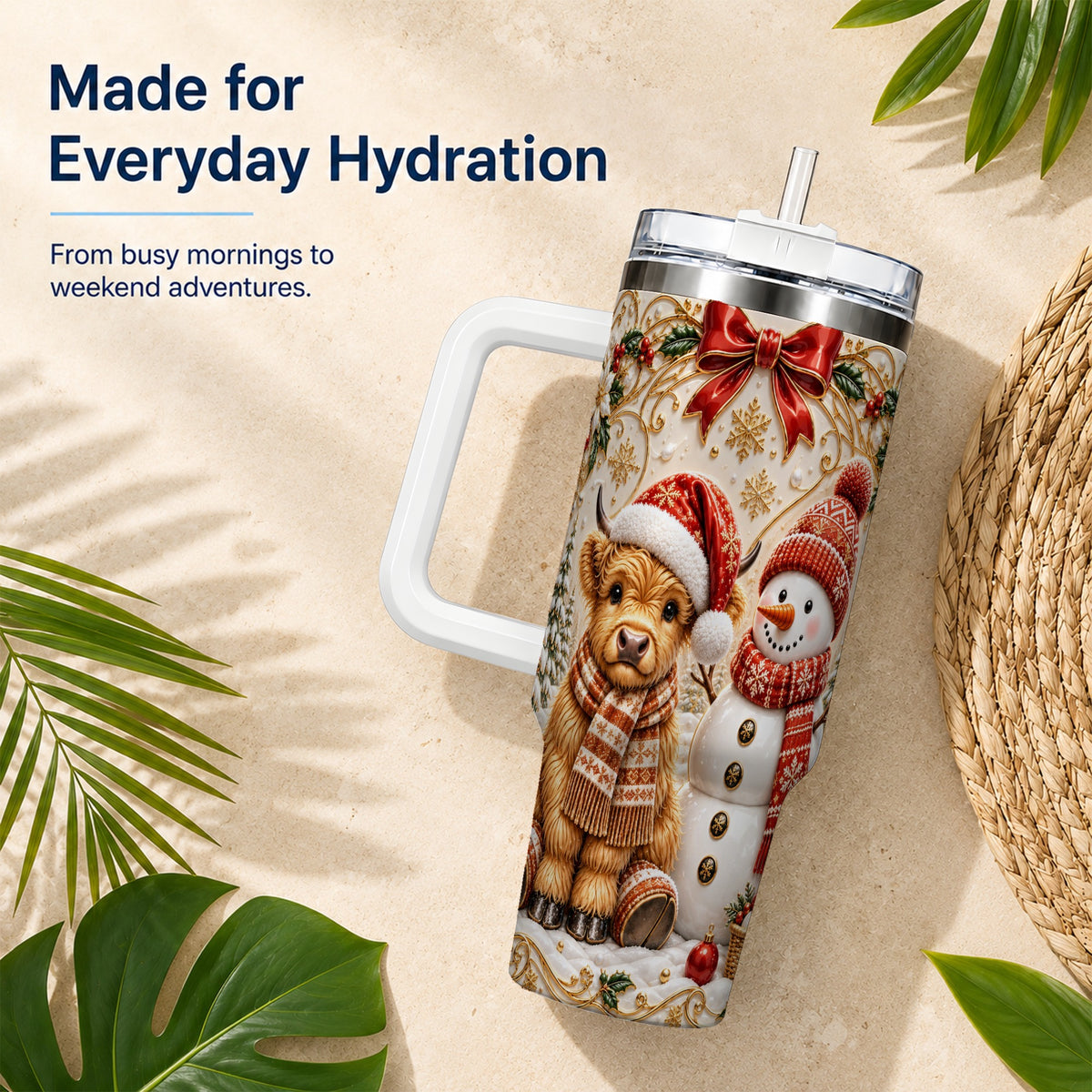 #pl[40oz|White] Holiday Cow 40oz Tumbler with Handle, Snowman Stainless Steel Travel Cup