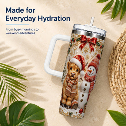 #pl[40oz|White] Holiday Cow 40oz Tumbler with Handle, Snowman Stainless Steel Travel Cup