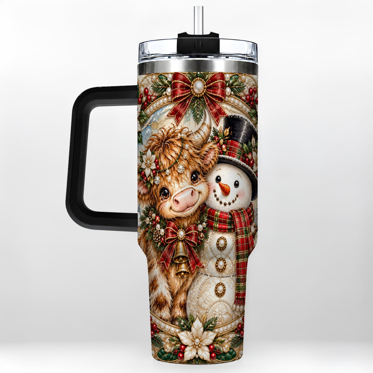 #pl[40oz|Black] Poinsettia Cow 40oz Tumbler with Handle, Snowman Stainless Steel Travel Cup
