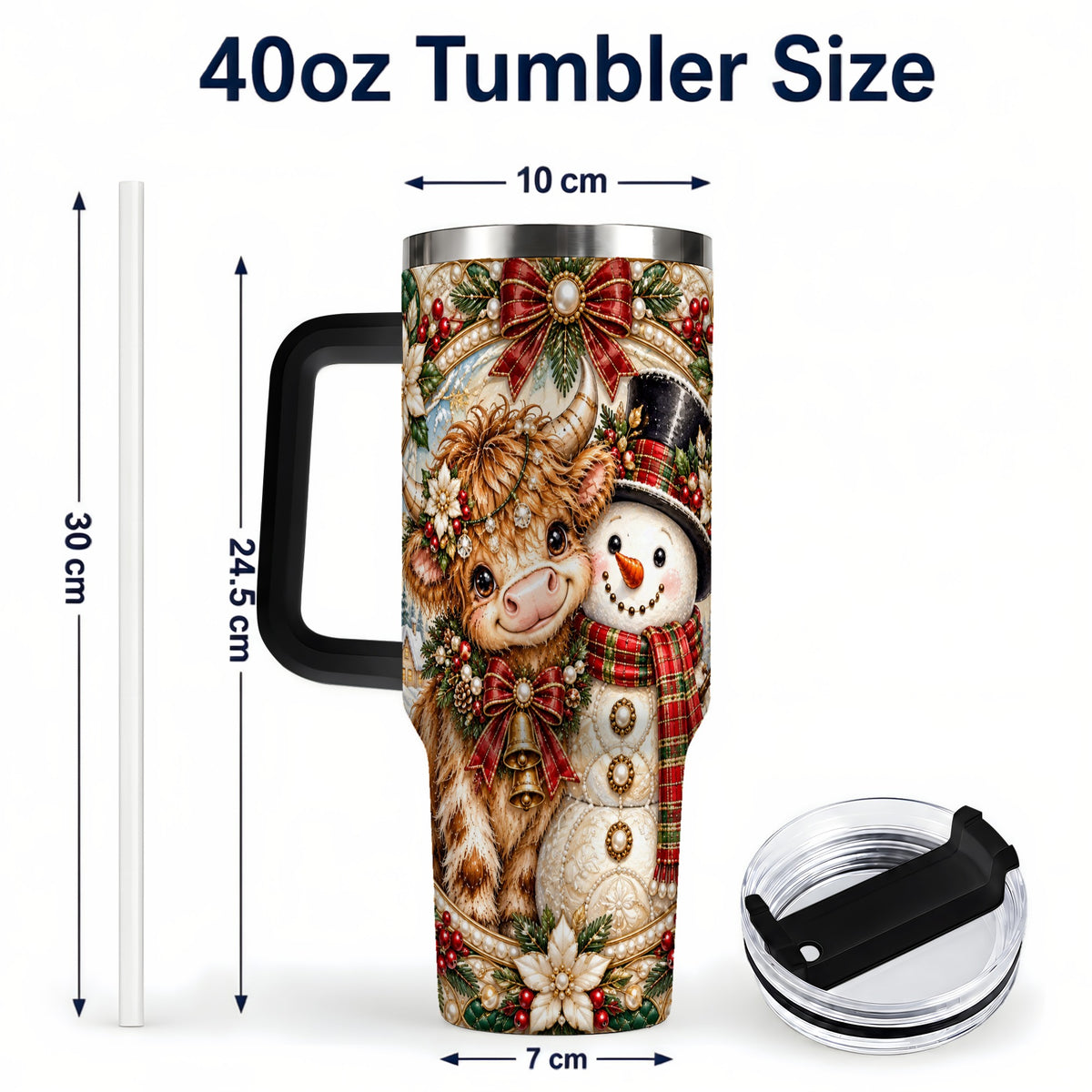 #pl[40oz|Black] Poinsettia Cow 40oz Tumbler with Handle, Snowman Stainless Steel Travel Cup