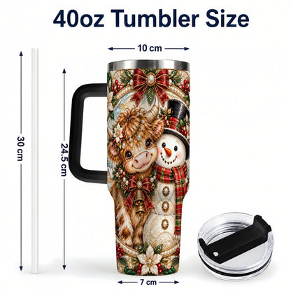 #pl[40oz|Black] Poinsettia Cow 40oz Tumbler with Handle, Snowman Stainless Steel Travel Cup