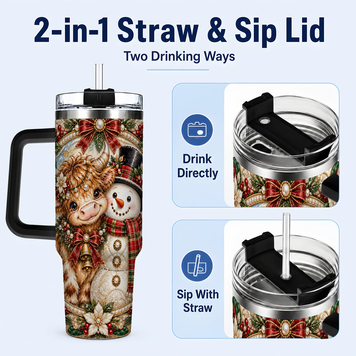 #pl[40oz|Black] Poinsettia Cow 40oz Tumbler with Handle, Snowman Stainless Steel Travel Cup